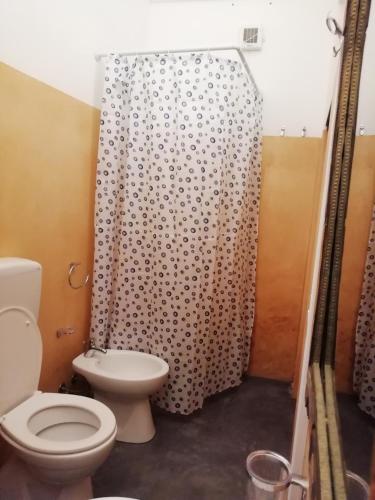 a bathroom with a toilet and a shower curtain at Horizon Pantelleria in Pantelleria