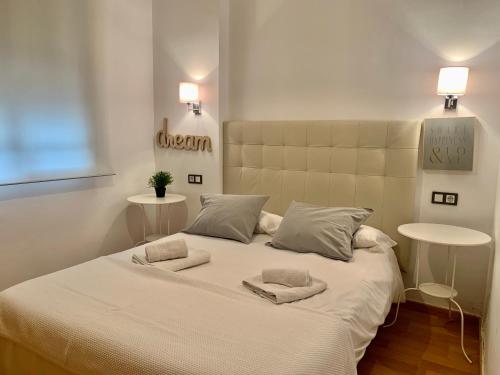 Un dormitorio con una gran cama blanca con dos almohadas. en Homely Málaga Refino 1-I6 y bajo E5, en Málaga