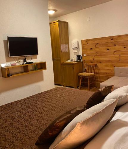 a bedroom with a large bed and a flat screen tv at Princess Nina Kolašin in Kolašin