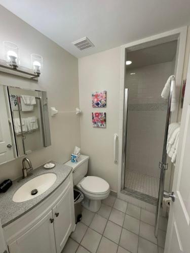 a bathroom with a toilet and a sink and a shower at Cedar Cove Resort & Cottages in Holmes Beach