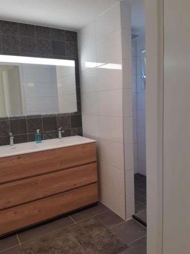 a bathroom with a sink and a mirror at Nieuwe Beachbungalow aan IJsselmeer 39 24 four seasons in Lemmer