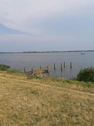 a body of water with a group of posts in the water at Nieuwe Beachbungalow aan IJsselmeer 39 24 four seasons in Lemmer