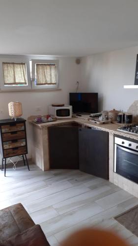 a kitchen with a counter with a microwave and a stove at The Incantation Guest House in Montesilvano