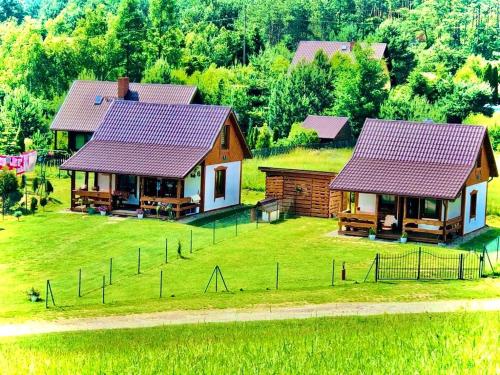 an aerial view of a house with a yard at Domki Eden Kaszuby balia sauna alpaki mini zoo in Gołubie