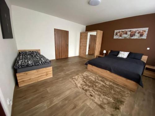 1 dormitorio con 2 camas y suelo de madera en Apartmány Černý Tulipán 3, en Plzeň