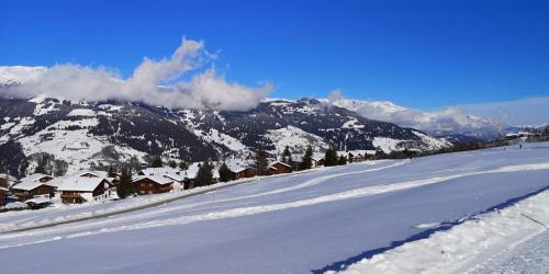 a snow covered hill with houses and a mountain at grosses Ferienhaus mit Sauna im Skigeb. Obersaxen in Obersaxen