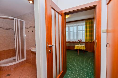 a bathroom with a walk in shower and a sink at Hotel Kotyza in Humpolec