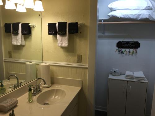 a bathroom with a sink and a mirror and a bed at Studio B Guest House in Fredericksburg