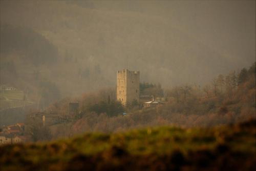 a building on a hill with a castle in the background at La Casina in Stia