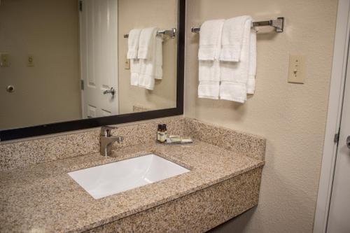 uma casa de banho com lavatório, espelho e toalhas em Cobblestone Suites - Oshkosh em Oshkosh