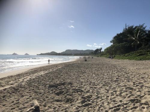 a beach with a lot of footprints in the sand at Gorgeous Renovated 1937 Plantation Style Beach House 50 Steps to the Center of the Beach home in Kailua