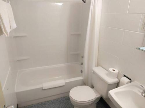 a white bathroom with a toilet and a sink at Shoal Lake Motor Inn in Shoal Lake
