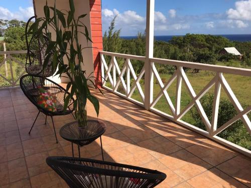 a porch with two chairs and a potted plant at Teanehi Bed & Breakfast in Hanga Roa