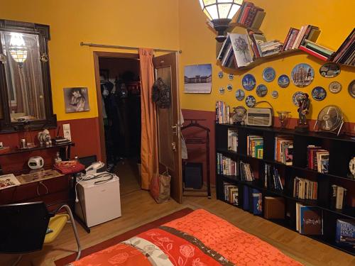 Zimmer mit einem Bett und einem Bücherregal mit Büchern in der Unterkunft Mediterranean Room - Private Room in Mannheim