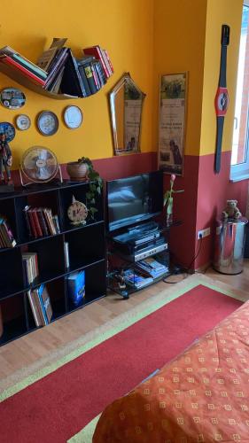 a living room with a tv and a shelf with clocks at Mediterranean Room - Private Room in Mannheim