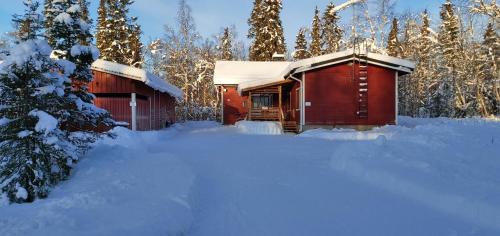 a cabin in the snow with snow covered trees at Holiday Home Ivalo in Ivalo