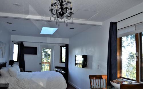 a bedroom with a bed and a chandelier at Armand Heights in Ganges