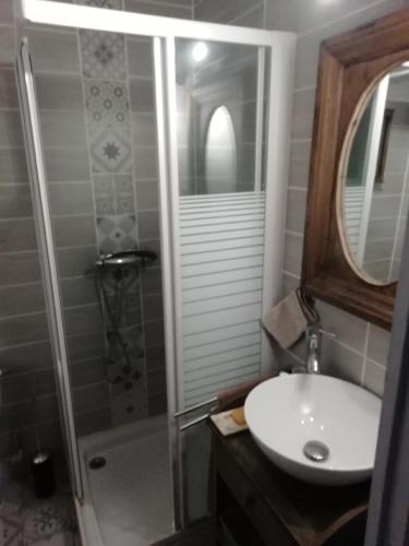 a bathroom with a sink and a shower at Hotel & Restaurant Le Chalvet in Embrun
