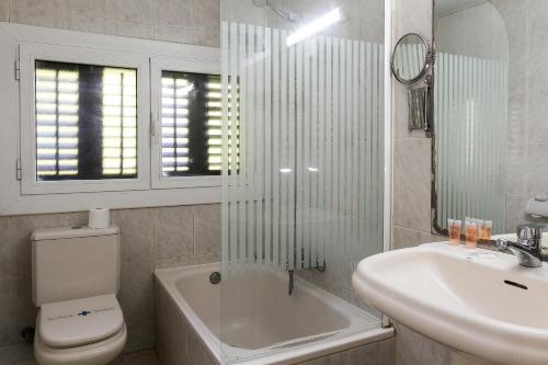 a bathroom with a toilet and a sink and a shower at Hotel El Castell in Sant Boi del Llobregat