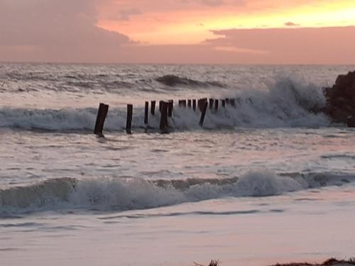 a group of posts in the ocean at sunset at Ker Kistin in Fouesnant