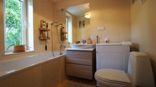 łazienka z umywalką, toaletą i wanną w obiekcie Młyn nad Sarenką 