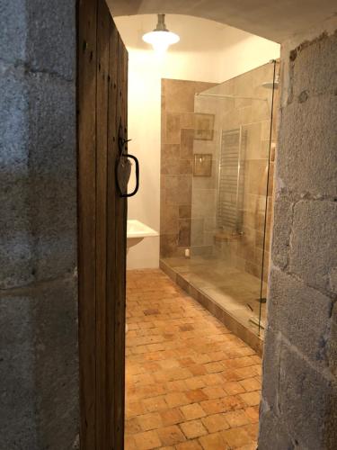 a bathroom with a walk in shower and a glass shower at Chateau Mareuil in Brigueuil-le-Chantre