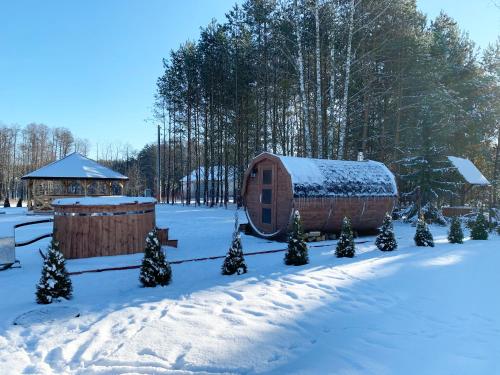 a small cabin in the snow with christmas trees at Leśna Osada przy Suntago Park in Krzyżówka