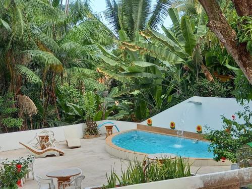 a swimming pool in a garden with palm trees at A Pousada da Praia in São Luís