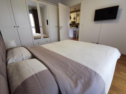 um quarto com uma cama e uma televisão de ecrã plano em NIKLUK em Belgrado