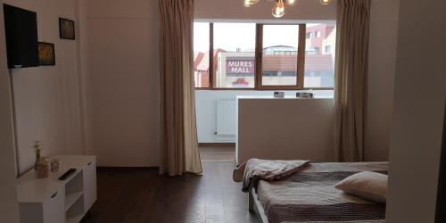 a bedroom with a bed and a large window at Center Diamond in Târgu-Mureş