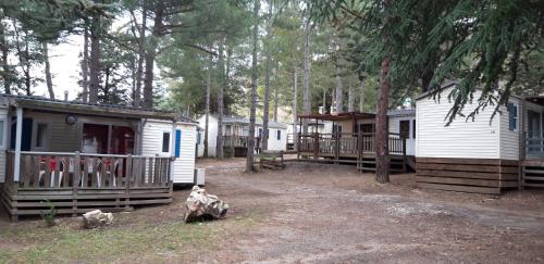 un grupo de cabañas en el bosque con árboles en camping la source, en Sournia