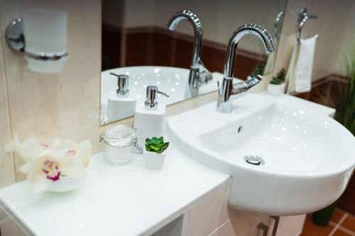 a bathroom with a sink and a toilet and a mirror at Sára-Lux Apartman in Nyárliget