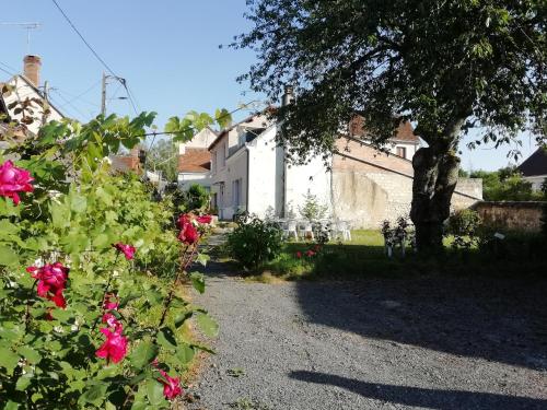 un jardin avec des roses roses et une maison blanche dans l'établissement Tribu du ZOO Saint Aignan centre 3ch Jardin et Parking privé clos de murs, à Saint-Aignan