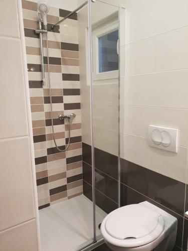 a bathroom with a shower with a toilet at Vikendica Nika in Rab