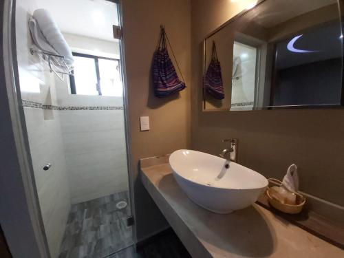 a bathroom with a sink and a mirror and a shower at Independencia Dos 7 Hotel Boutique in Querétaro