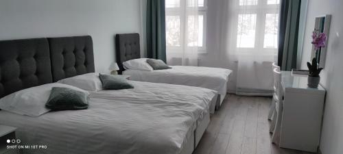 two twin beds in a room with windows at Noclegi Szymrych in Chełmsko Śląskie