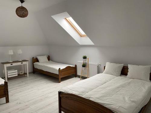 a bedroom with two beds and a skylight at Białowolskie Wzgórze in Zamość