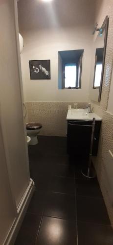 La salle de bains est pourvue d'un lavabo et de toilettes. dans l'établissement Casa baja, à Bacoli