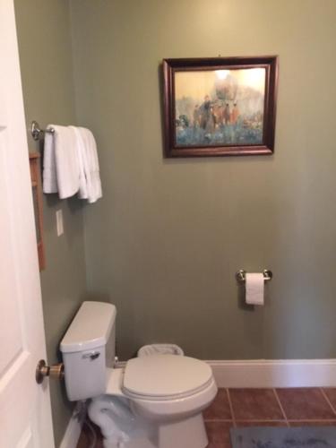 a bathroom with a toilet and a painting on the wall at Willard Richards Inn in Nauvoo