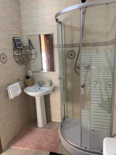 a bathroom with a glass shower and a sink at Rai pe Vale Boutique & Spa in Leordina
