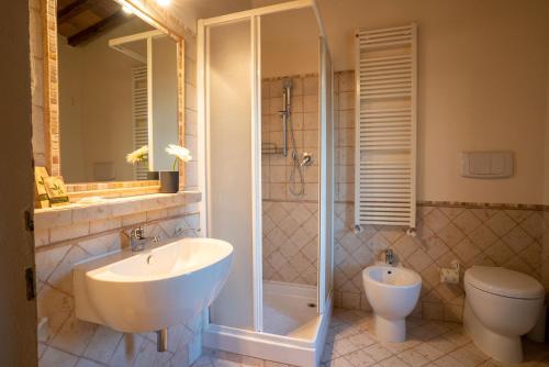a bathroom with a sink and a shower and a toilet at Borgo San Lorenzo a Linari in San Rocco a Pilli