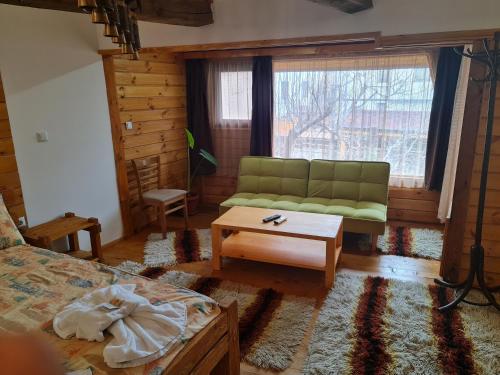 a living room with a green couch and a coffee table at Mamin Kolio in Bansko