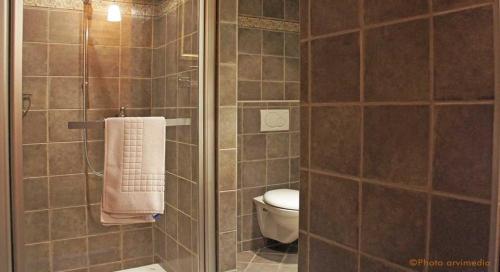 a bathroom with a toilet and a tiled shower at Chambres d'Hôtes Le Barna in La Clusaz