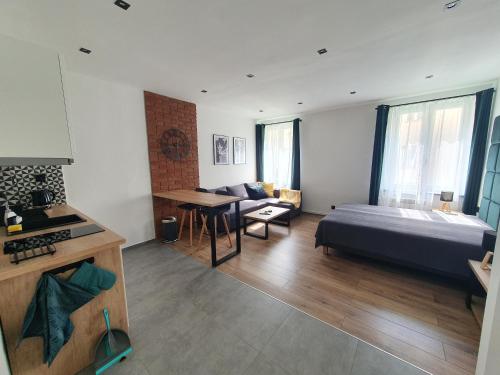 ein Schlafzimmer mit einem Bett, einem Sofa und einem Tisch in der Unterkunft Mirror Apartments in Oświęcim