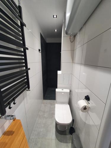 a bathroom with a white toilet and a black window at Mirror Apartments in Oświęcim