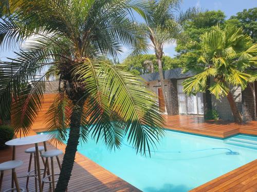 a palm tree sitting next to a swimming pool at FM GUEST LODGE Comfort, Tranquility & Peace of Mind in Johannesburg