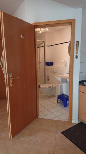 a bathroom with a toilet and a sink at Herzmuschel Gollwitz in Insel Poel