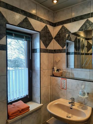 a bathroom with a sink and a window at Fewo an der Teufelskanzel in Annaberg-Buchholz