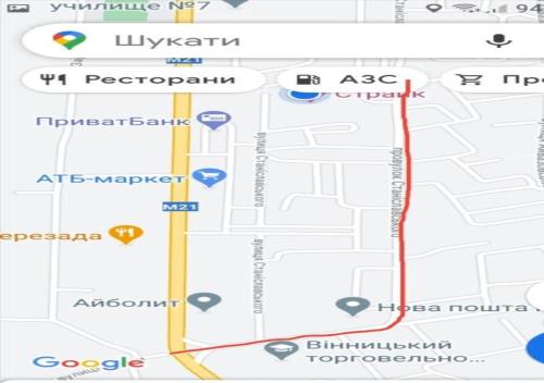 a screenshot of a google map with a red line at Hotel Strike in Vinnytsya