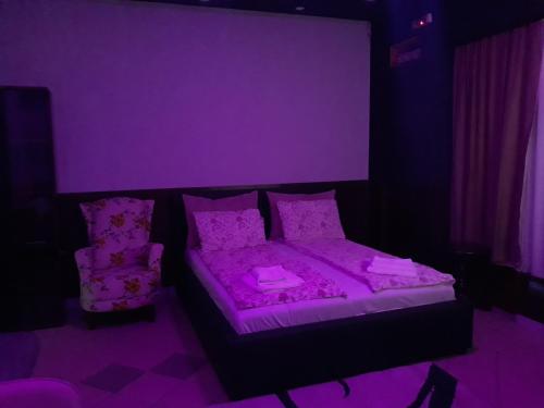 尼什Mario Sunce Apartmani的紫色的客房配有一张床和一把椅子